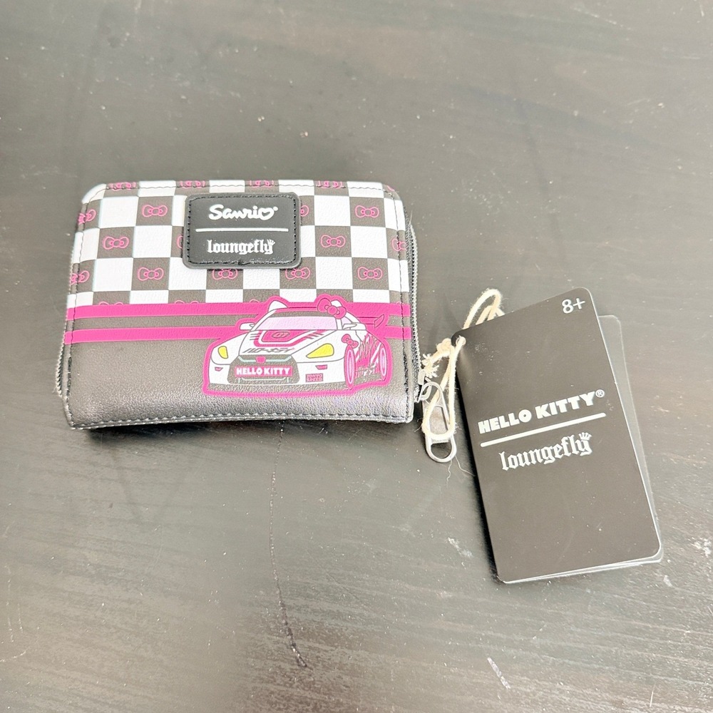 Loungefly Sanrio Hello Kitty Tokyo Speed Racing Checkered Zip Wallet Pink Grey
